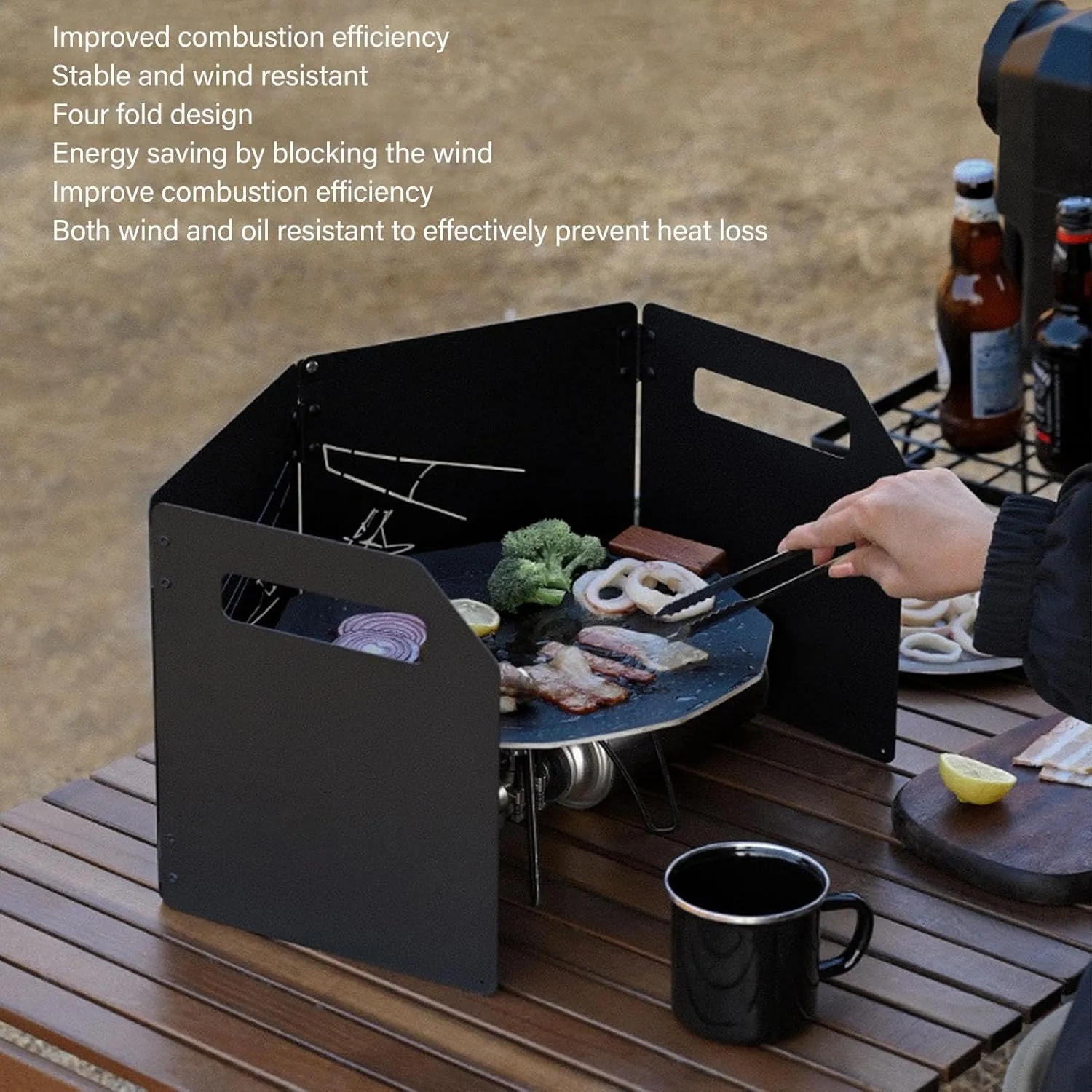 Thicken Carbon Steel Camping Stove Windshield 4 Plates with Handle(9.8in*18.5in*8.7in-Black)