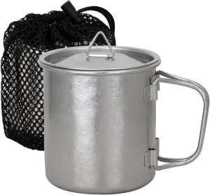 TiTo Titanium Cup Titanium Pot with Lid Ultralight Portable 300ml Foldable Handle Camping Tea Coffee Water Mug for Outdoor Backpacking Hiking Picnic Drinkware with Mesh Sack (Titanium)