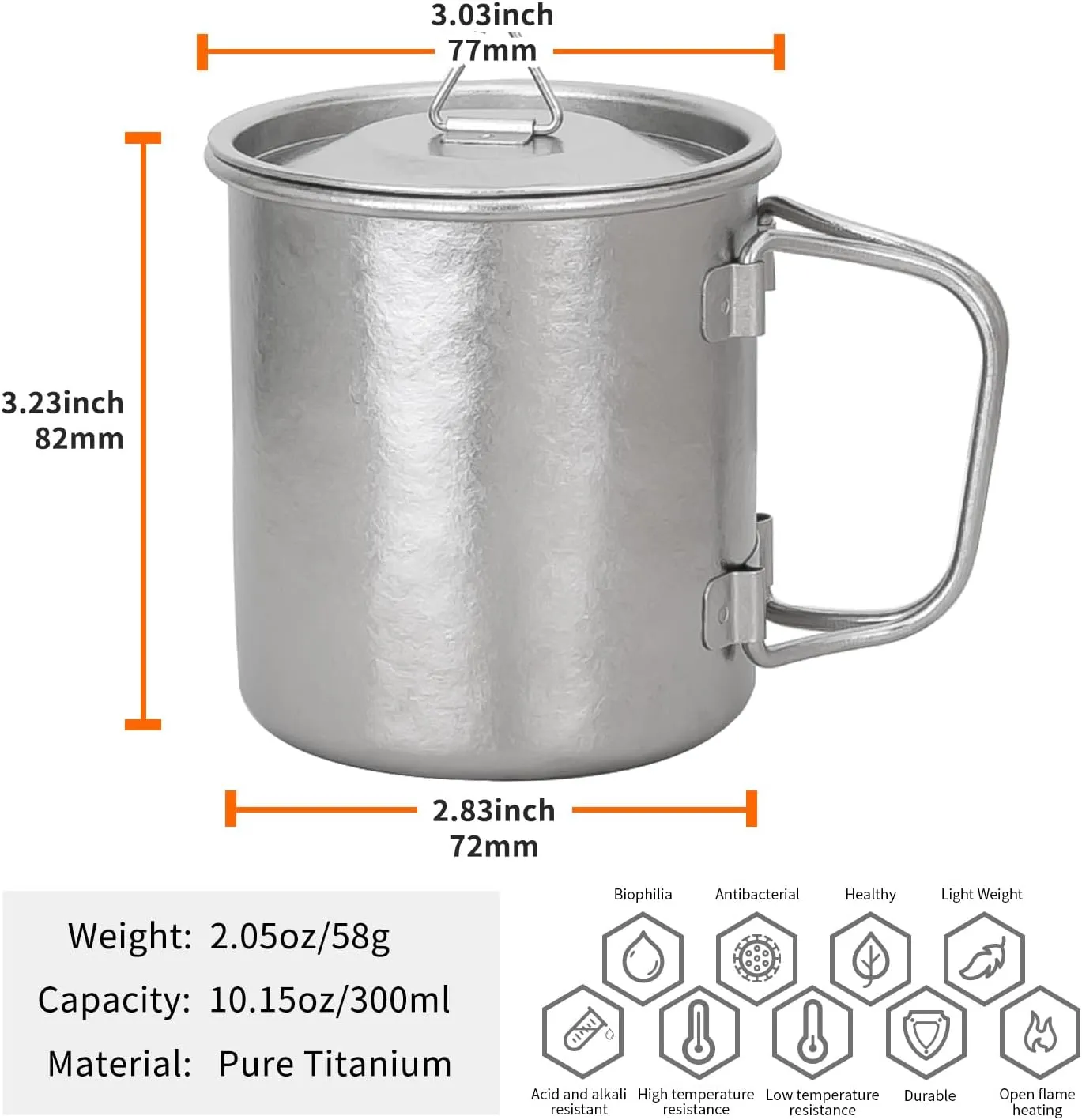 TiTo Titanium Cup Titanium Pot with Lid Ultralight Portable 300ml Foldable Handle Camping Tea Coffee Water Mug for Outdoor Backpacking Hiking Picnic Drinkware with Mesh Sack (Titanium)