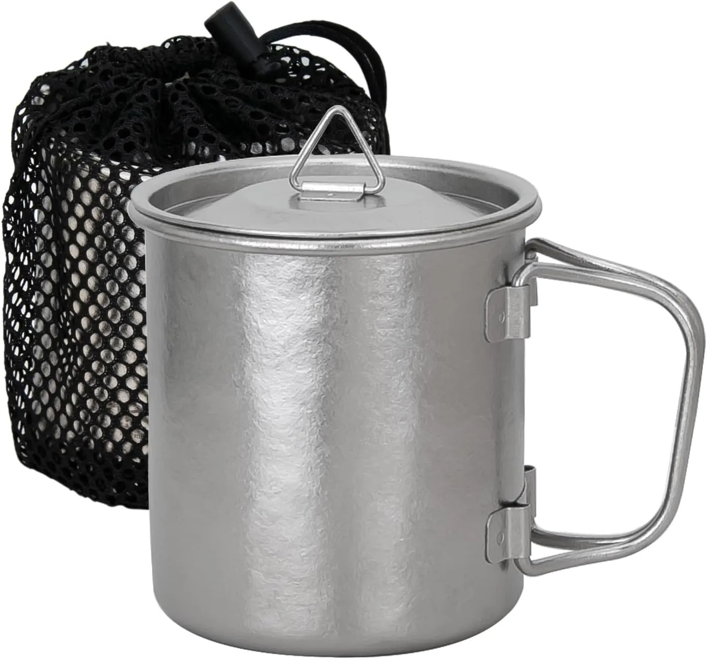 TiTo Titanium Cup Titanium Pot with Lid Ultralight Portable 300ml Foldable Handle Camping Tea Coffee Water Mug for Outdoor Backpacking Hiking Picnic Drinkware with Mesh Sack (Titanium)