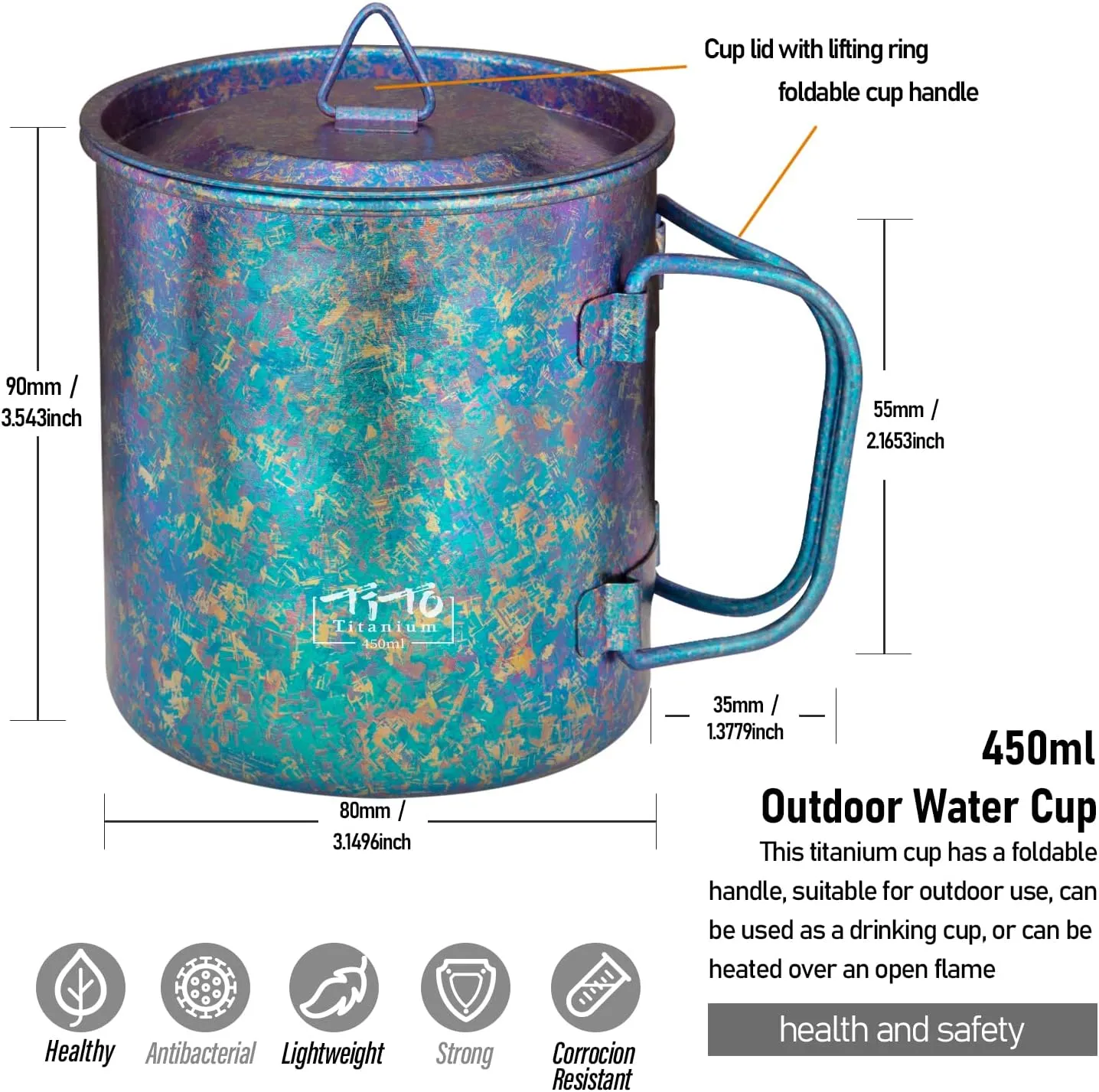 TiTo Titanium Cup Titanium Pot with Lid Ultralight Portable 450ml Foldable Handle Camping Tea Coffee Water Mug for Outdoor Backpacking Hiking Picnic Drinkware with Mesh Sack (Bright Blue)