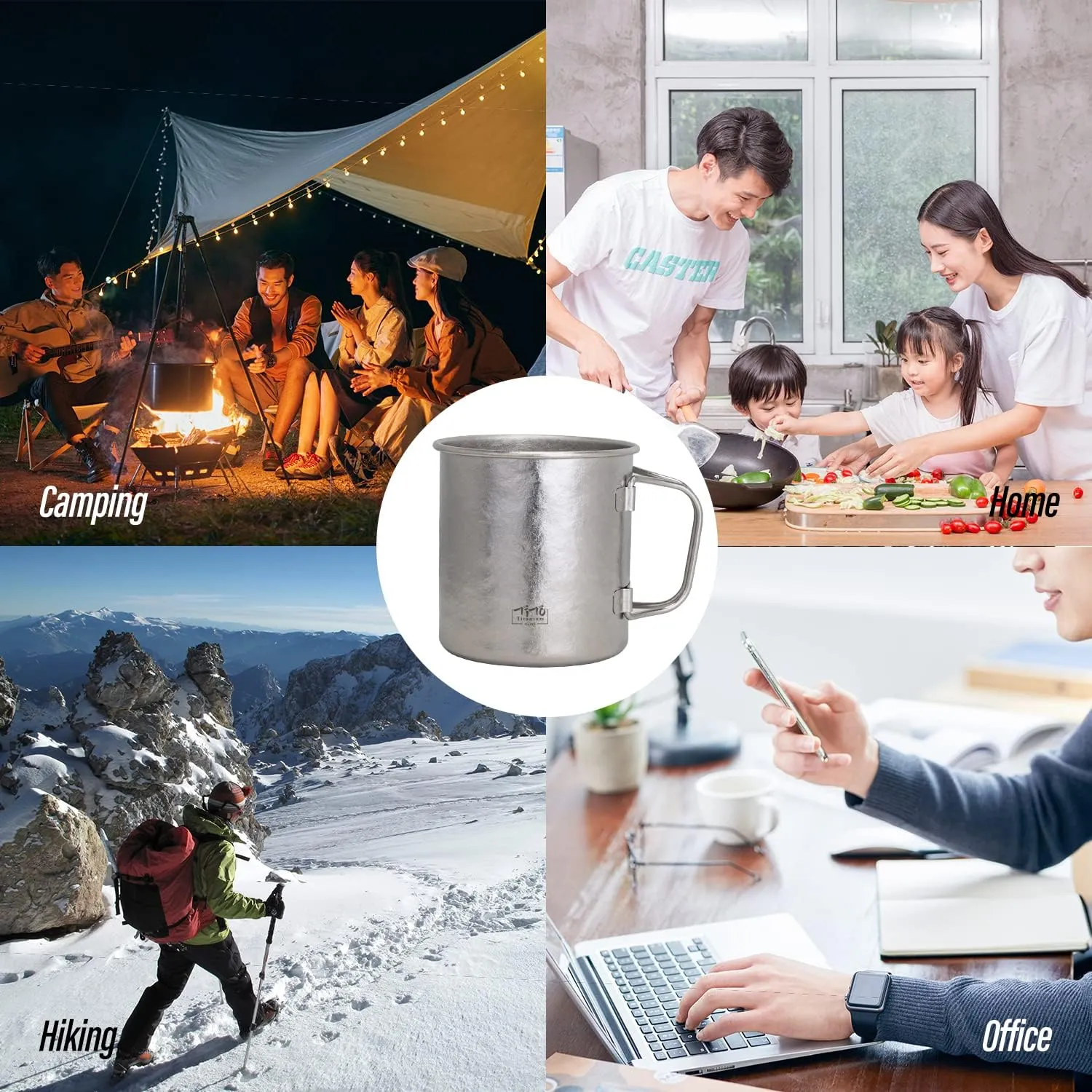 TiTo Titanium Cup Titanium Pot with Lid Ultralight Portable 450ml Foldable Handle Camping Tea Coffee Water Mug for Outdoor Backpacking Hiking Picnic Drinkware with Mesh Sack (Bright Blue)