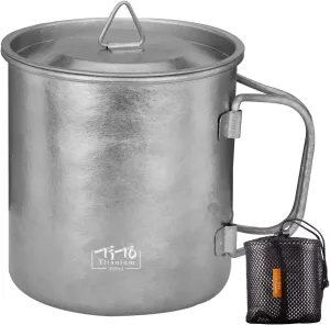 TiTo Titanium Cup Titanium Pot with Lid Ultralight Portable 450ml Foldable Handle Camping Tea Coffee Water Mug for Outdoor Backpacking Hiking Picnic Drinkware with Mesh Sack (Bright Titanium)