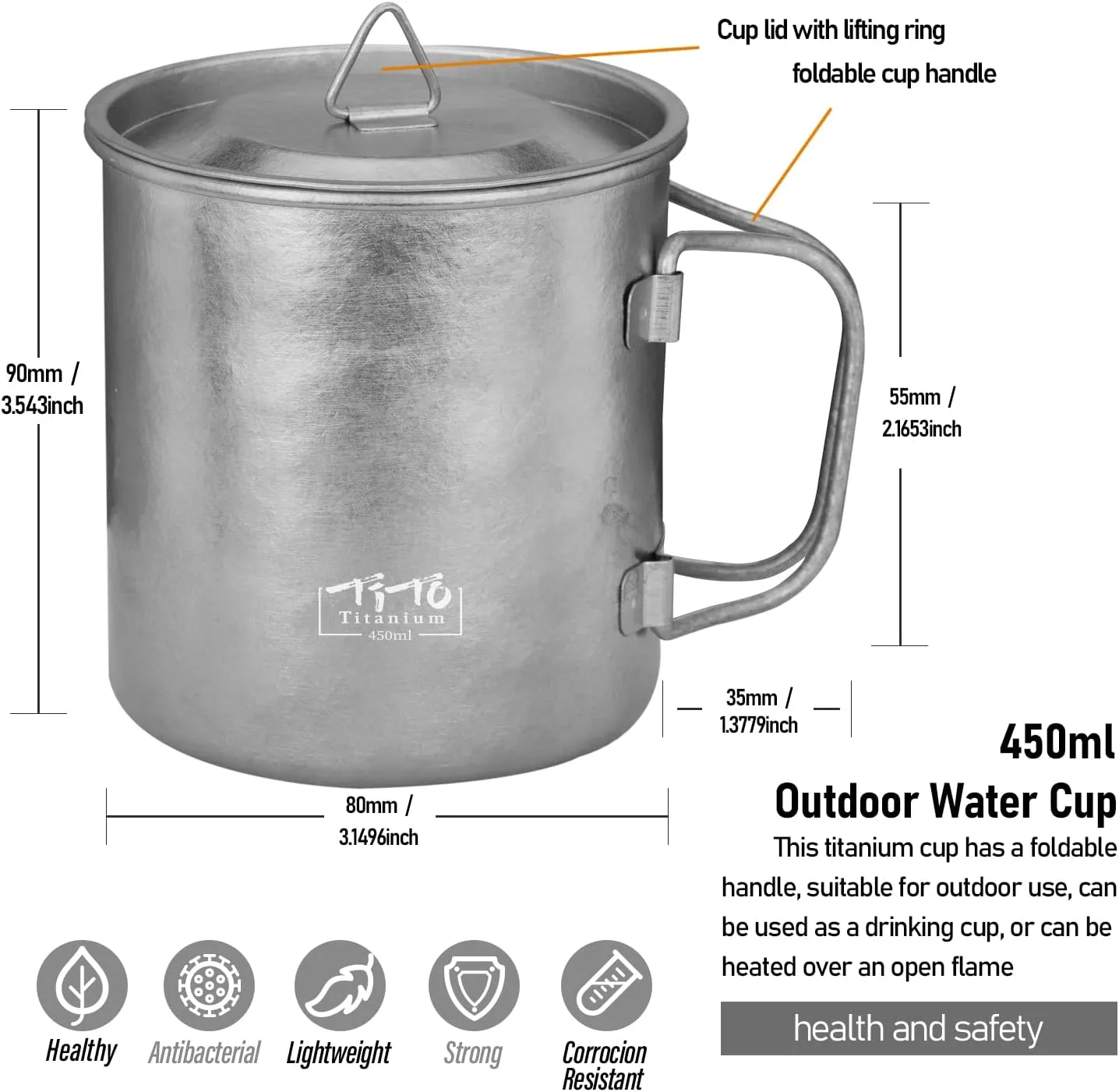 TiTo Titanium Cup Titanium Pot with Lid Ultralight Portable 450ml Foldable Handle Camping Tea Coffee Water Mug for Outdoor Backpacking Hiking Picnic Drinkware with Mesh Sack (Bright Titanium)