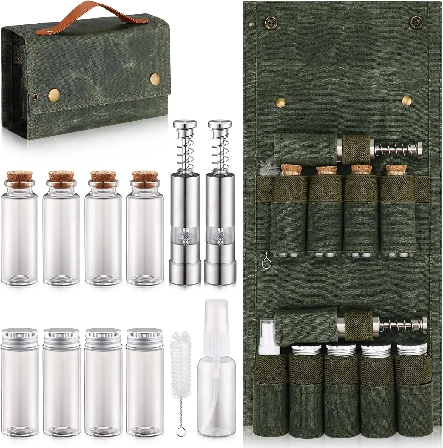 TOBWOLF Portable Spice Bag for Travel, Camping Spice Kit with 8 Jars, 2 Salt/Pepper Grinders, 1 Oil Spray, Foldable Canvas Seasoning Storage Bag, Condiment Container Set for Outdoor Picnic BBQ - Green