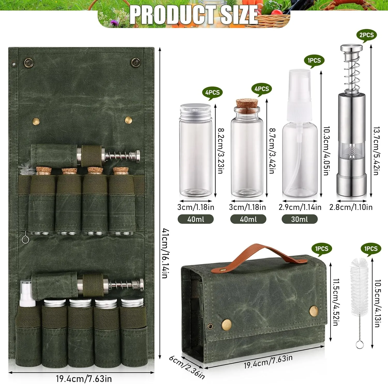 TOBWOLF Portable Spice Bag for Travel, Camping Spice Kit with 8 Jars, 2 Salt/Pepper Grinders, 1 Oil Spray, Foldable Canvas Seasoning Storage Bag, Condiment Container Set for Outdoor Picnic BBQ - Green