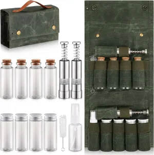 TOBWOLF Portable Spice Bag for Travel, Camping Spice Kit with 8 Jars, 2 Salt/Pepper Grinders, 1 Oil Spray, Foldable Canvas Seasoning Storage Bag, Condiment Container Set for Outdoor Picnic BBQ - Green