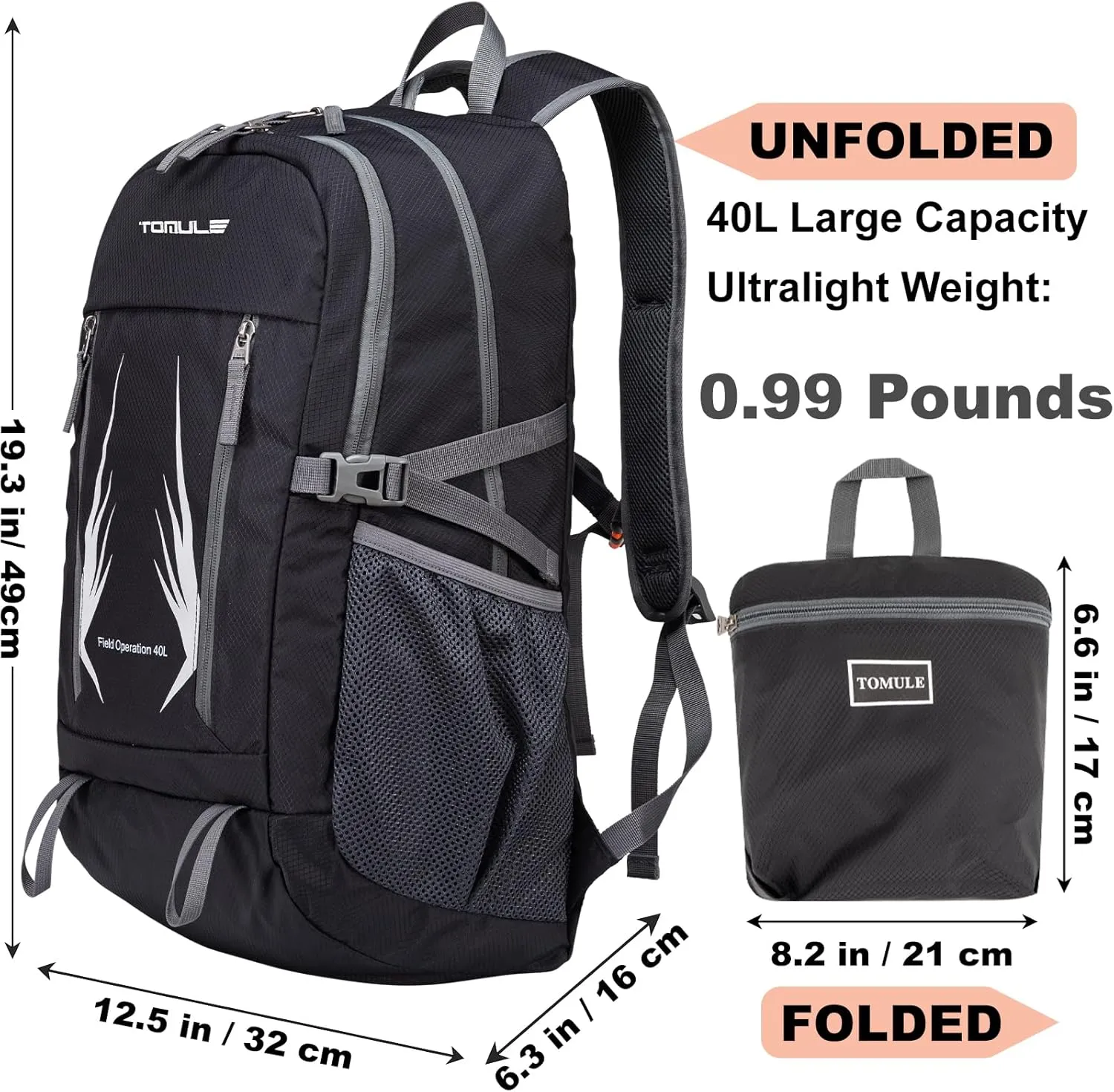 TOMULE Day Hiking Backpack - Small Waterproof Travel Backpack for Women, 40L