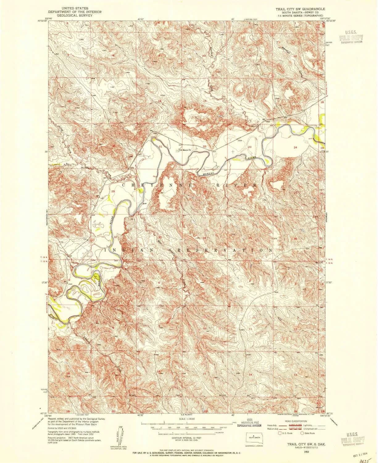 Trail City SW SD topo map, 1:24000 Scale, 7.5 X 7.5 Minute, Historical, 1952, Updated 1954, 26.9 x 22 in