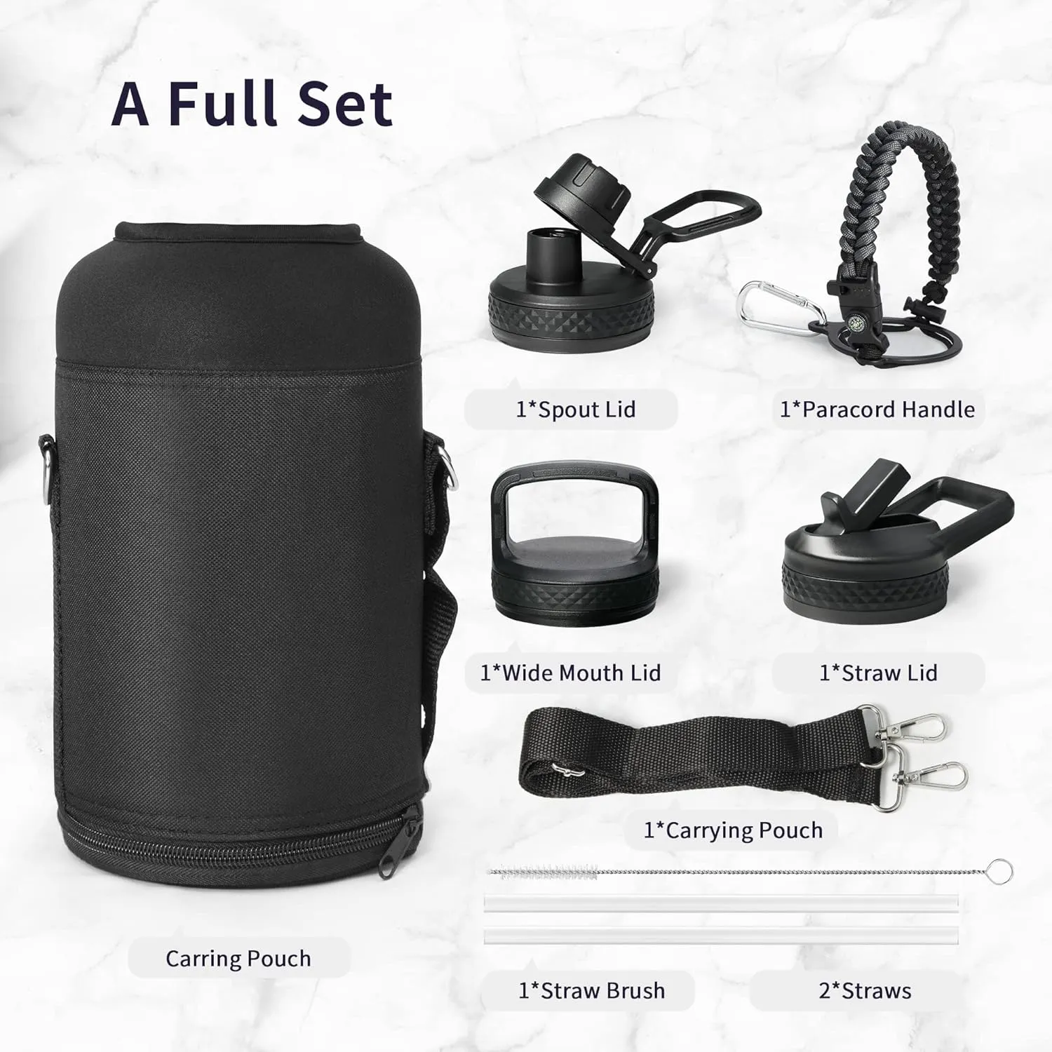 Trebo Water Bottle 64oz with Paracord Handle, Half Gallon Large Vacuum Double Wall Stainless Steel Insulated Water Jug with Straw Spout Handle Lids, Leakproof BPA-Free Keep Cold & Hot, Dark Gray