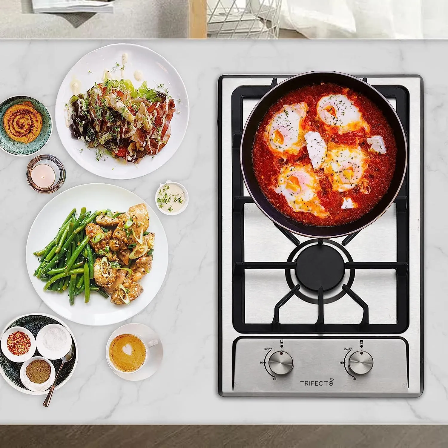 Trifecte 12 Inch Stainless Steel Gas Cooktop with 2 Italy Sabaf Sealed Burners, Portable Gas Stove Top for Apartment Outdoor RVs, NG/LPG Convertible Thermocouple Protection(Gas Regulator Not Included)