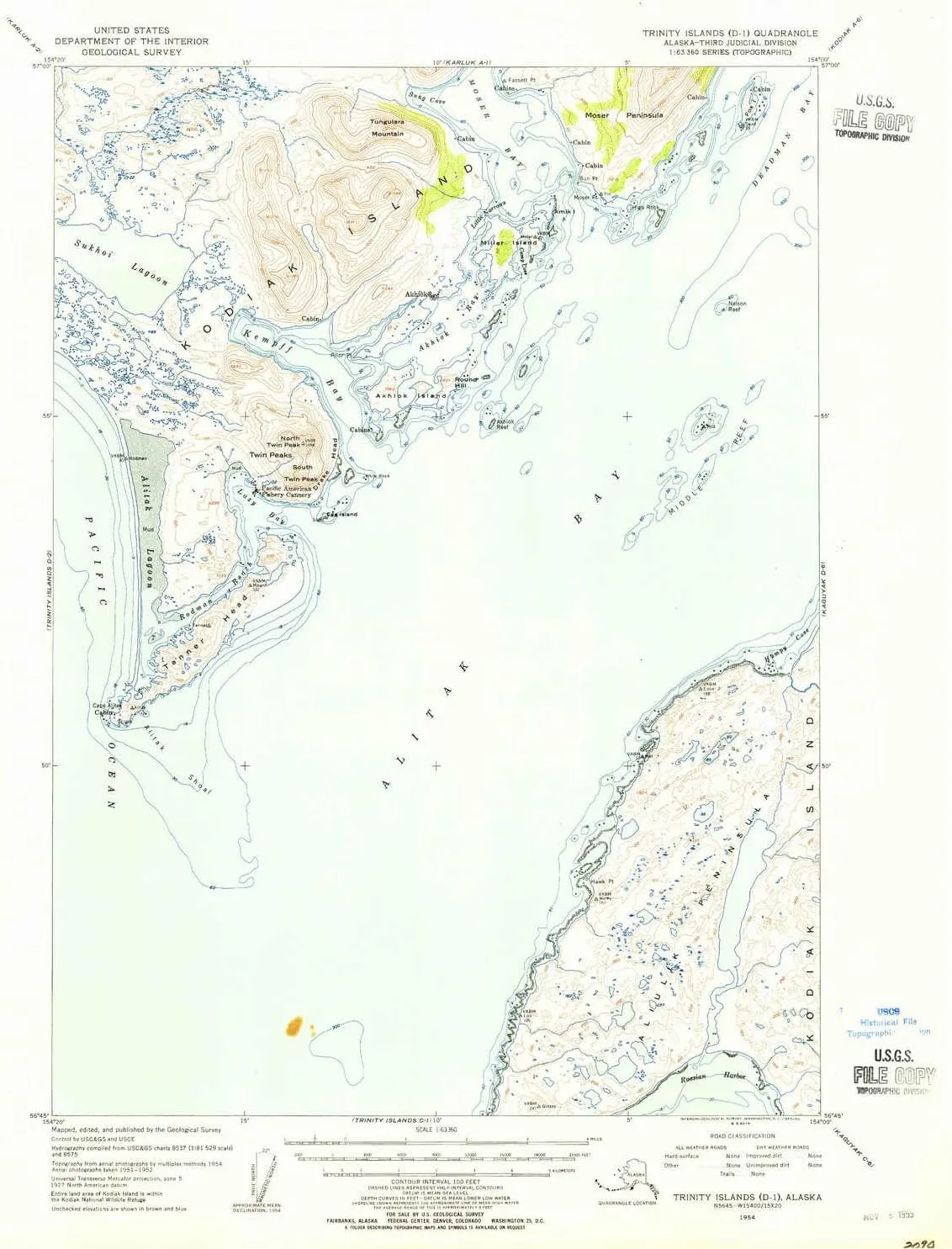 Trinity Islands D 1 AK topo map, 1:63360 Scale, 15 X 15 Minute, Historical, 1954, Updated 1955, 20.8 x 17 in