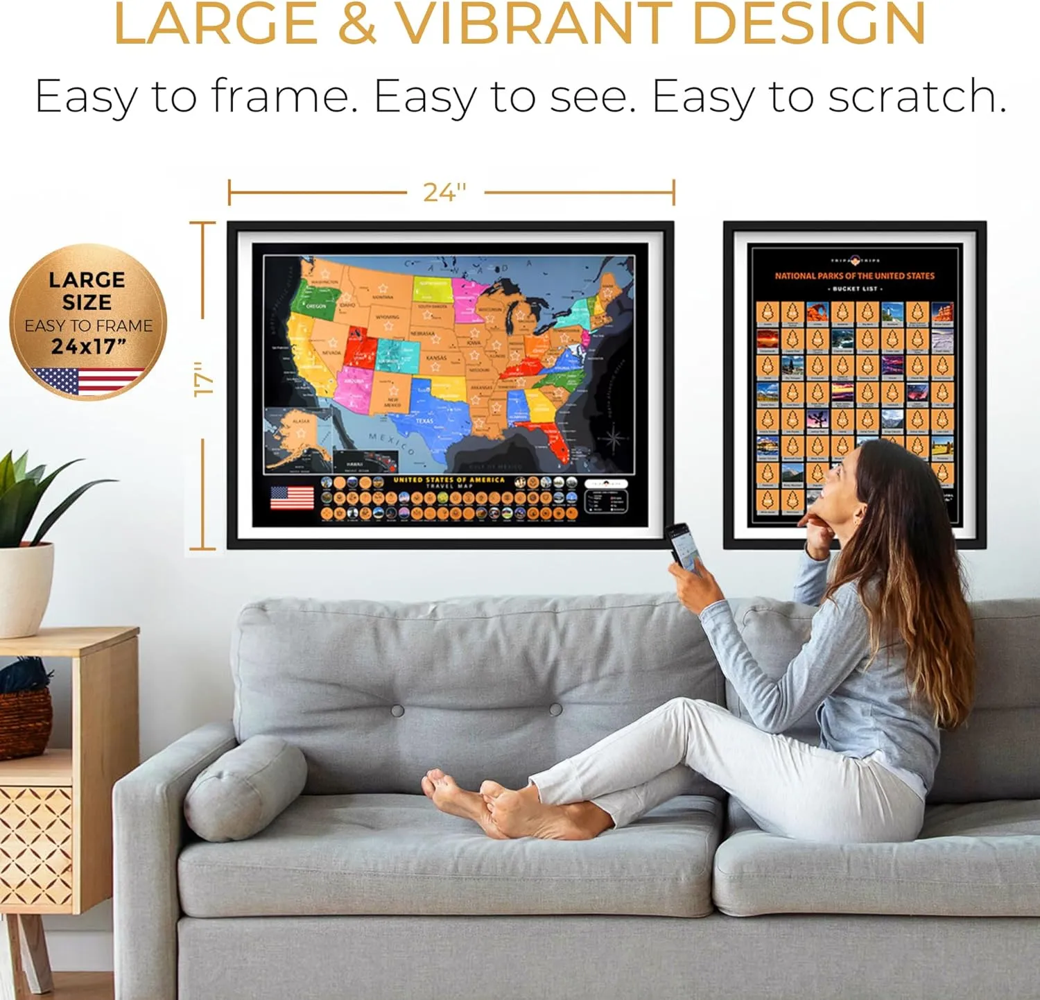 TRIPA TRIPS Scratch off Map of United States & All 63 US National Parks Scratch off Poster - 50 USA Landmarks & Flags Easy-to-Scratch - 24x17 Large Travel Map   Accessories - Deluxe Gift for Travelers