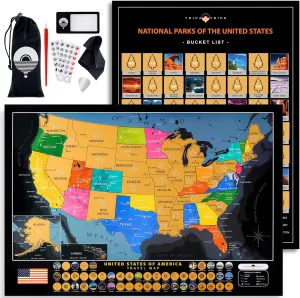 TRIPA TRIPS Scratch off Map of United States & All 63 US National Parks Scratch off Poster - 50 USA Landmarks & Flags Easy-to-Scratch - 24x17 Large Travel Map   Accessories - Deluxe Gift for Travelers