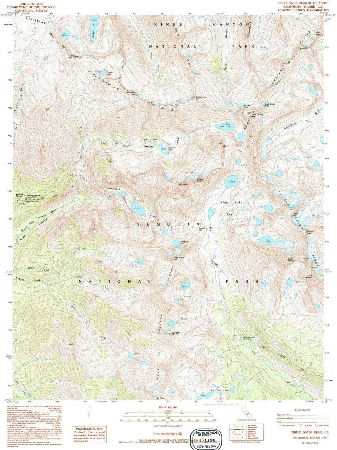 Triple Divide Peak CA topo map, 1:24000 Scale, 7.5 X 7.5 Minute, Historical, 1993, Updated 1994, 26.7 x 21.4 in