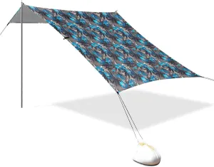 Tropical Dark Blue Dianthus Flowers Beach Tent UPF50 Waterproof Large Sun Shelter with Sand Shovel, Sandbags for Backyard, Grassland, Park