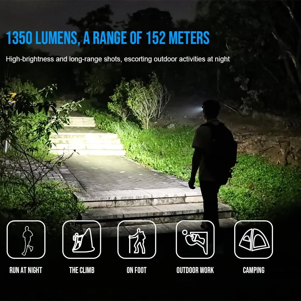 TrustFire H6R Headlamp - 1350 Lumens, 152 Meters Range, USB-C Rechargeable LED Flashlight with 8 Modes, Floodlight, Spotlight, Red Light for Running, Fishing, Camping