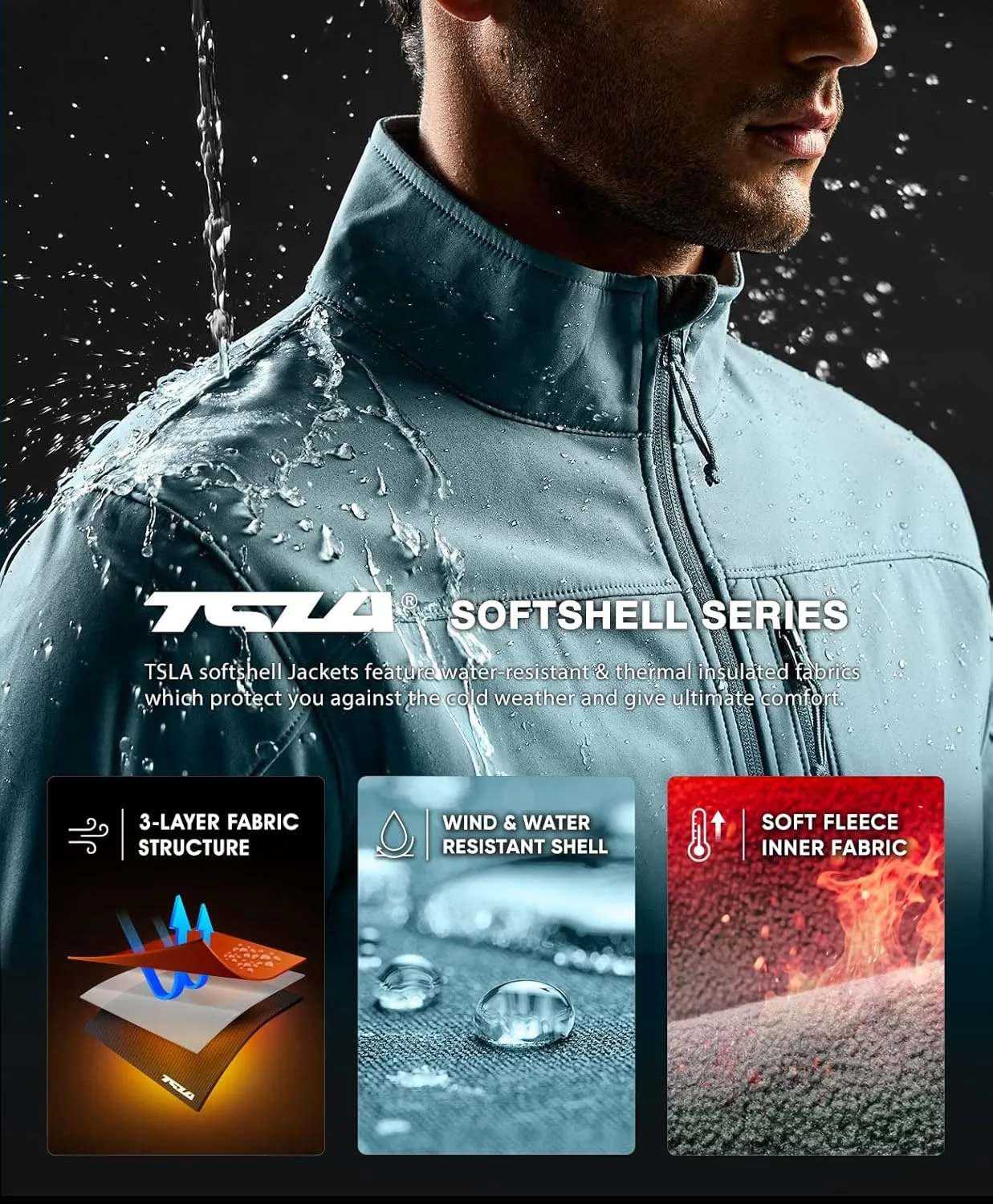 TSLA Men's Full-Zip Softshell Winter Jacket, Waterproof Fleece Lined Athletic Jacket, Outdoor Sport Windproof Jackets