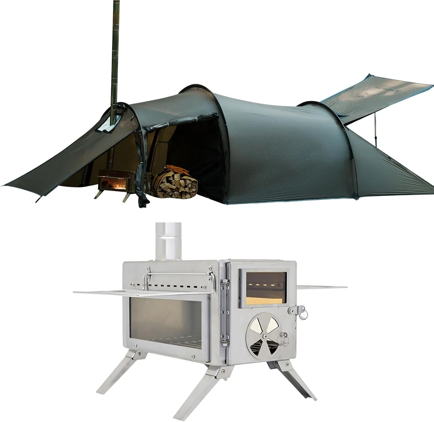 Tunnel-4 Season Tent-for 1-2 with Stove Jack   Camping Wood Tent Stove