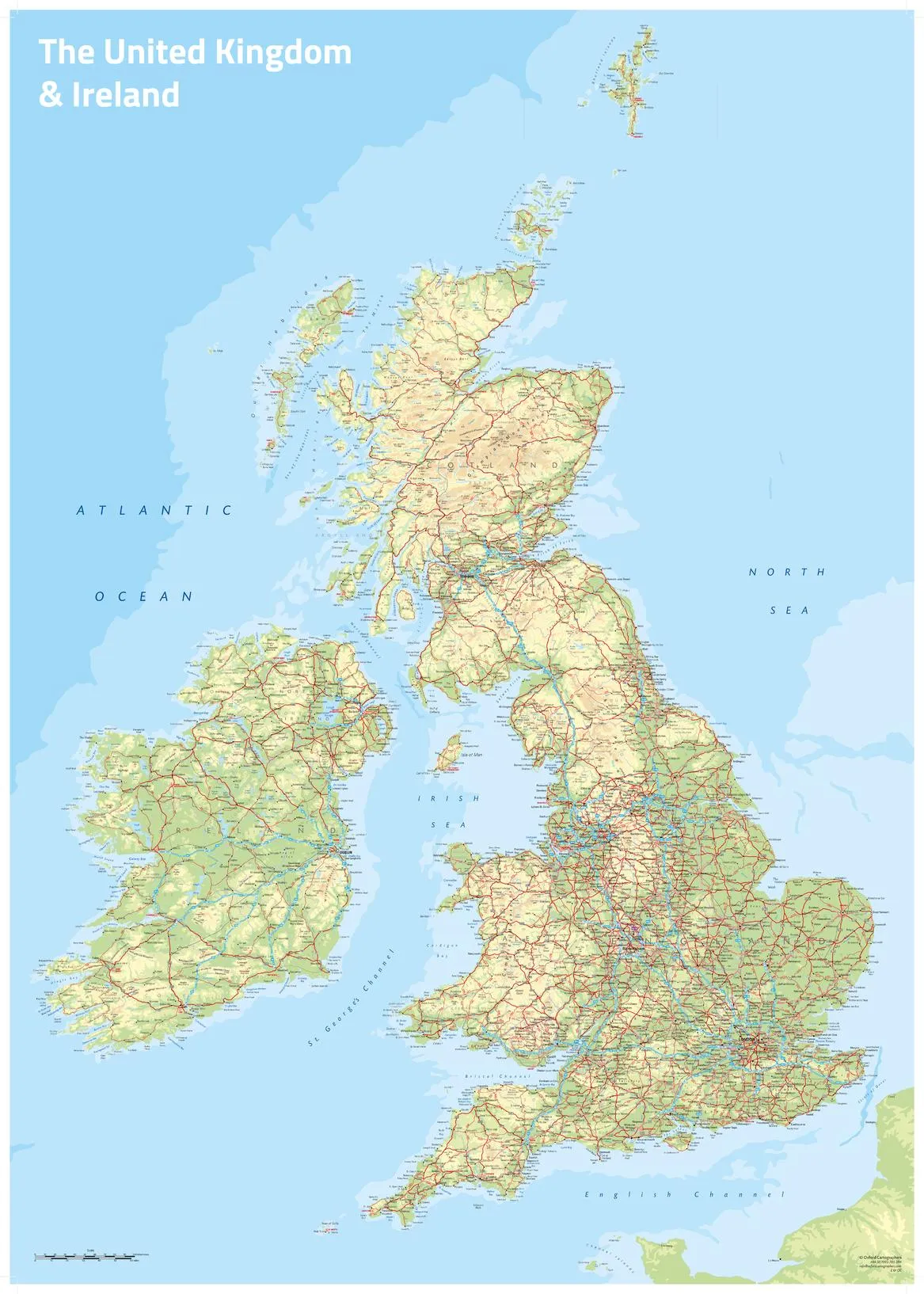 UK & Ireland Topographic by Oxford Cartographers 594 x 841mm Wall Map