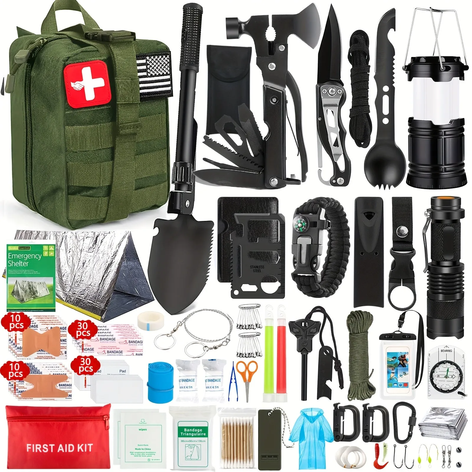 Ultimate Outdoor Survival Kit 262pcs with Tent Axe Shovel Flashlight