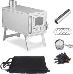 Ultralight Camping Stove Portable Wood Burning Stove for Tent, Camping, Outdoor Cooking, Hunting, Ice Fishing, 16.6 IN Outdoor Wood Stove with 8.2ft Foldable Chimney