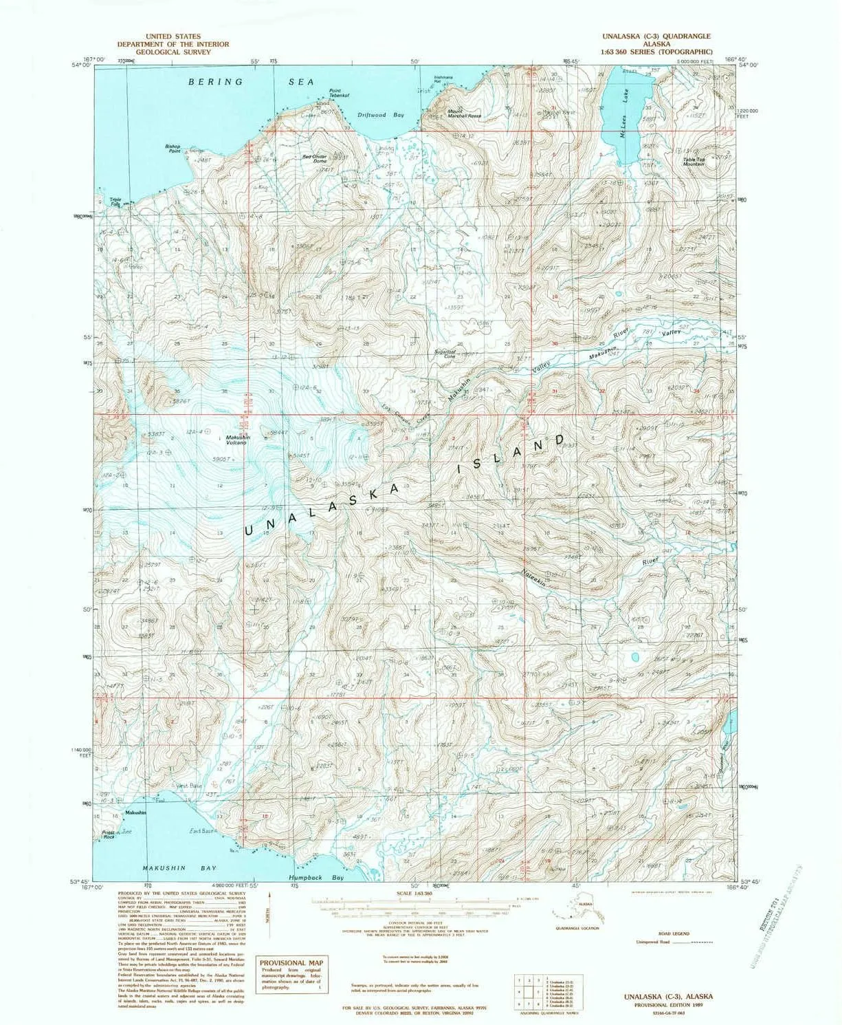 Unalaska C 3 AK topo map, 1:63360 Scale, 15 X 15 Minute, Historical, 1989, Updated 1989, 21.8 x 18 in