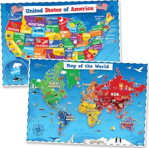 United States Map For Kids & World Maps For Kids 2pc Set - 24” x 16” Map For Kids Waterproof Classroom Posters - Childs World Map - Teacher Classroom Must Haves Homeschool Teacher School Supplies