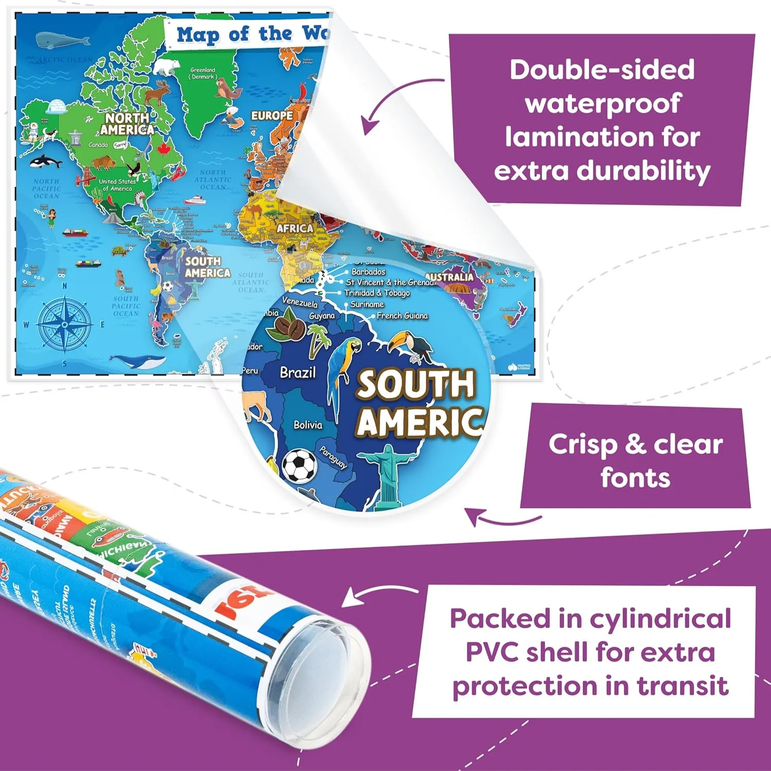 United States Map For Kids & World Maps For Kids 2pc Set - 24” x 16” Map For Kids Waterproof Classroom Posters - Childs World Map - Teacher Classroom Must Haves Homeschool Teacher School Supplies