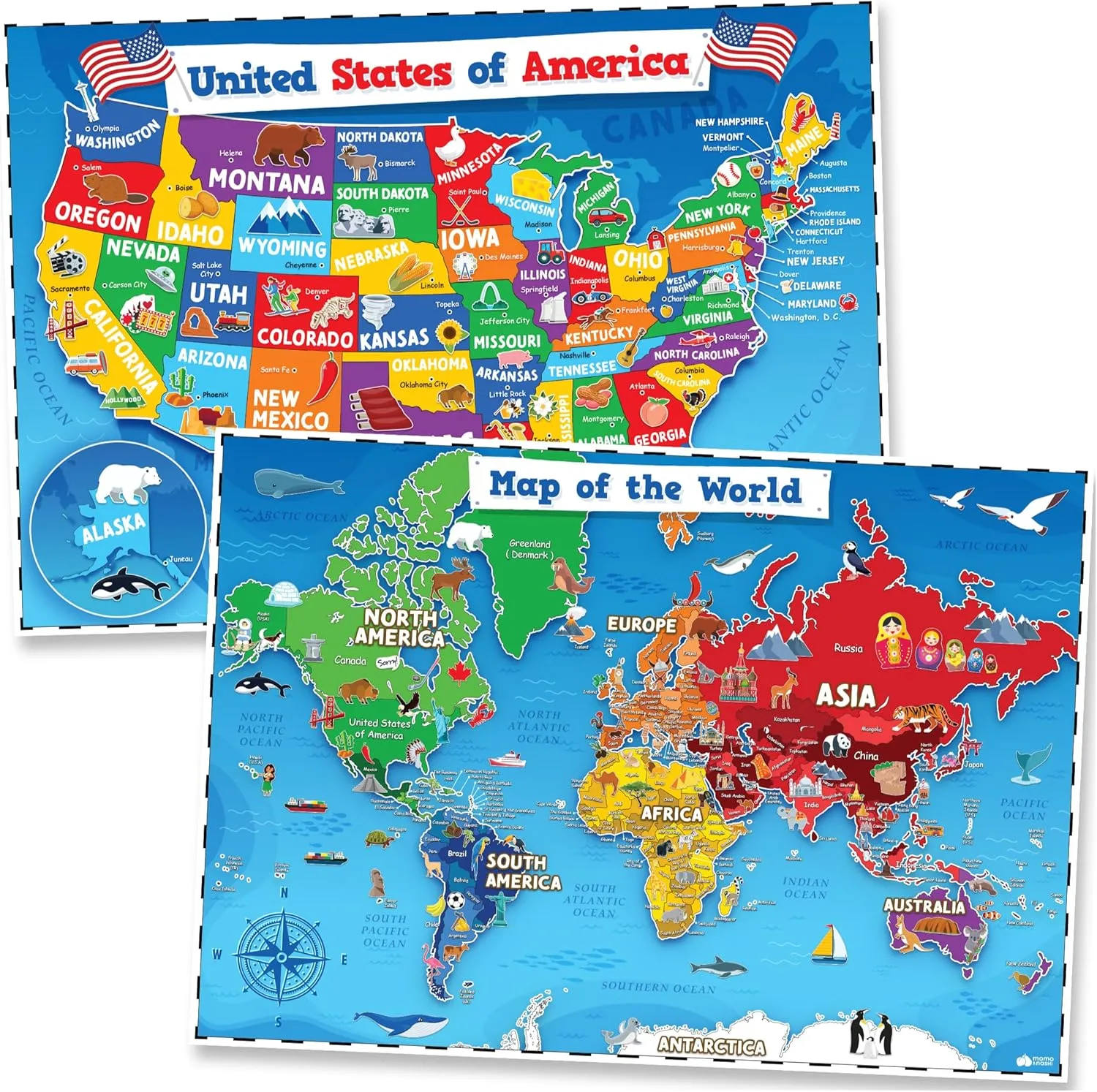 United States Map For Kids & World Maps For Kids 2pc Set - 24” x 16” Map For Kids Waterproof Classroom Posters - Childs World Map - Teacher Classroom Must Haves Homeschool Teacher School Supplies