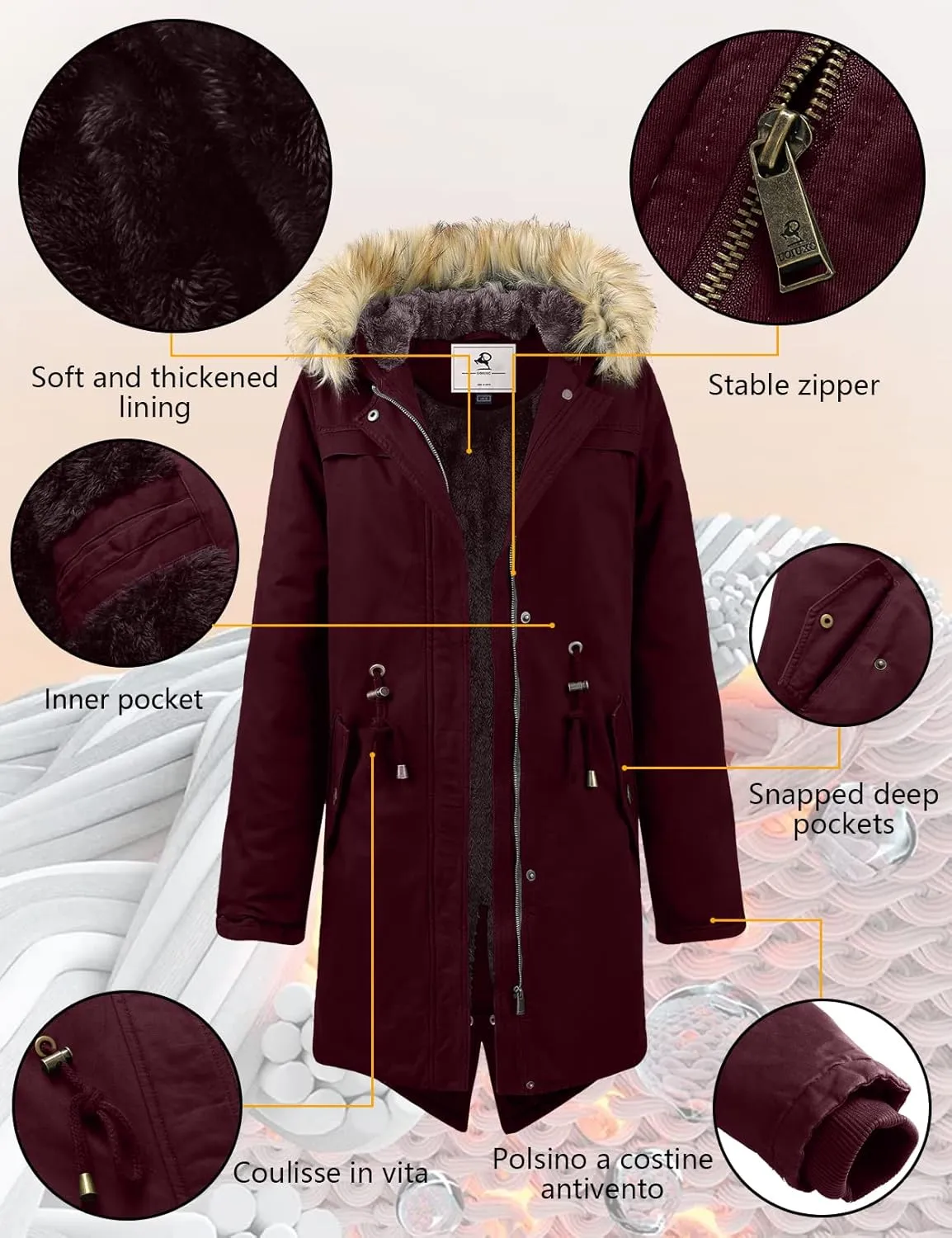 Uoiuxc Women's Hooded Winter Coat Warm Fleeced Lined Parka Long Jackets