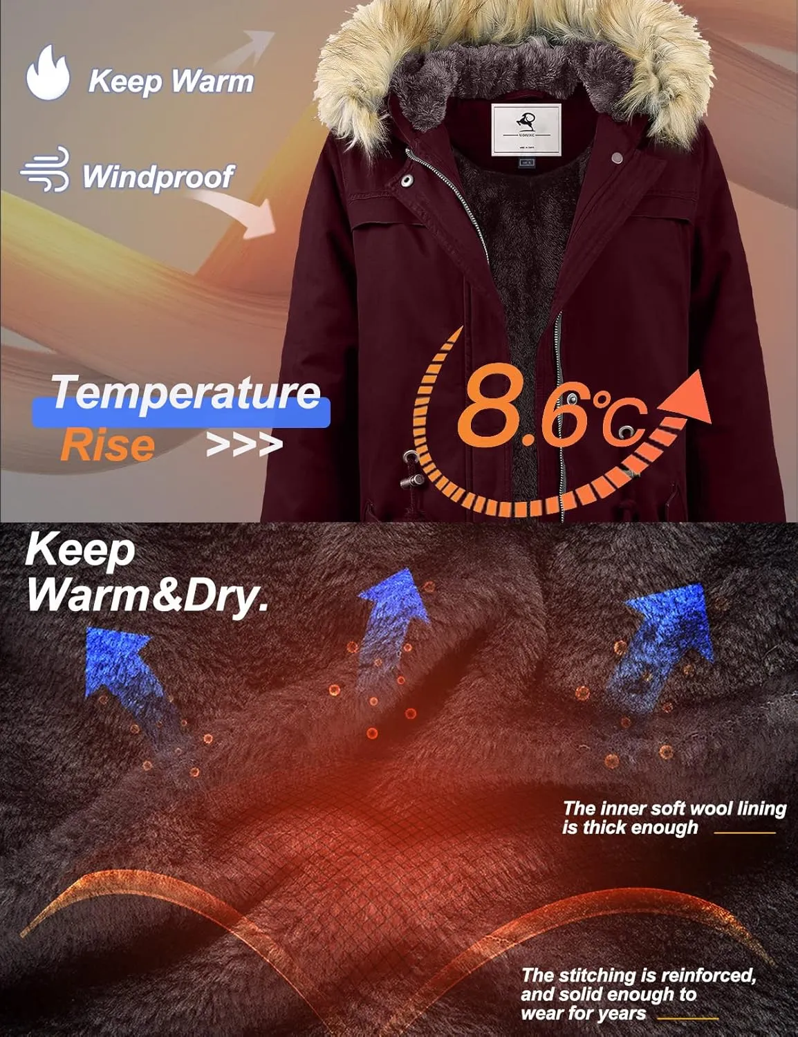 Uoiuxc Women's Hooded Winter Coat Warm Fleeced Lined Parka Long Jackets