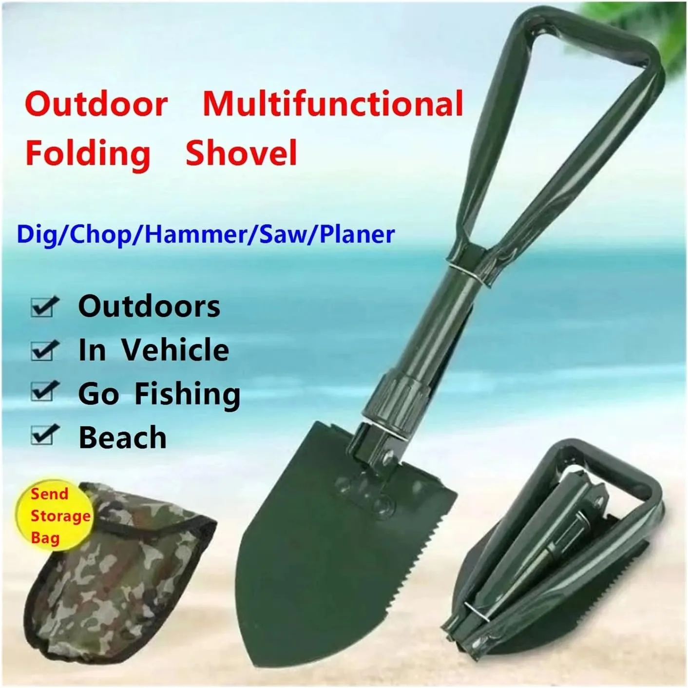 ﻿USA Folding Survival Shovel 1Pcs，W/Pick - Heavy Duty Carbon Steel Military Style Entrenching Tool for Off Road, Camping, Gardening, Beach, Digging Dirt, Sand, Mud & Snow(Green-A)