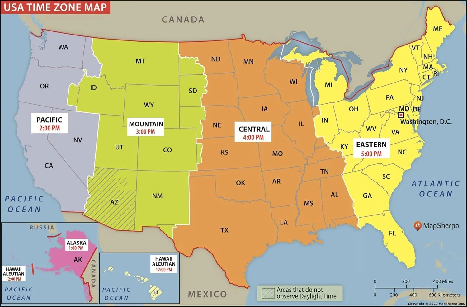 USA Time Zone Map - 36 x 24 inch Poster - Front Lamination