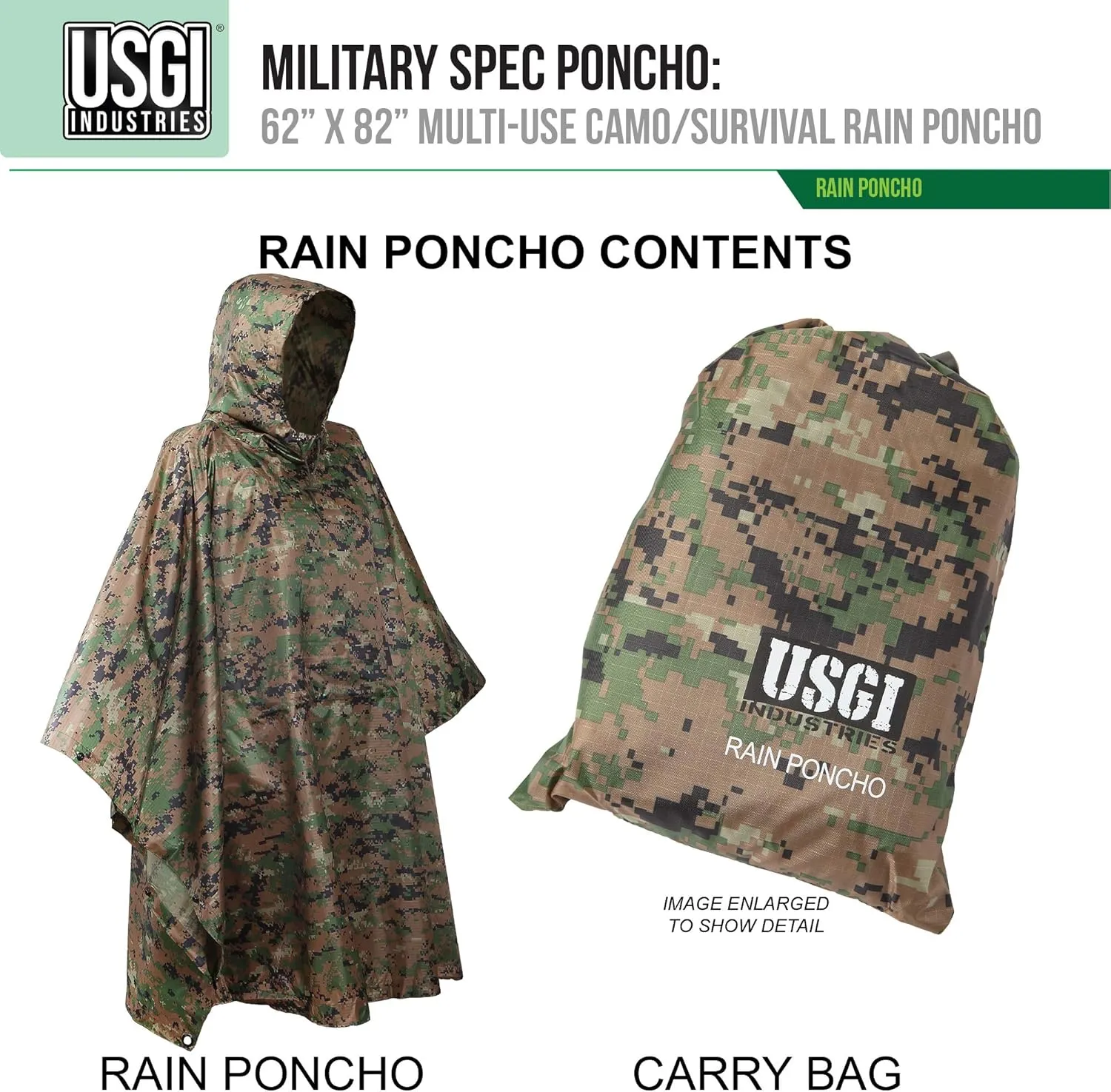 USGI Industries Military Style Poncho Multi Use Rip Stop Camouflage Rain Poncho