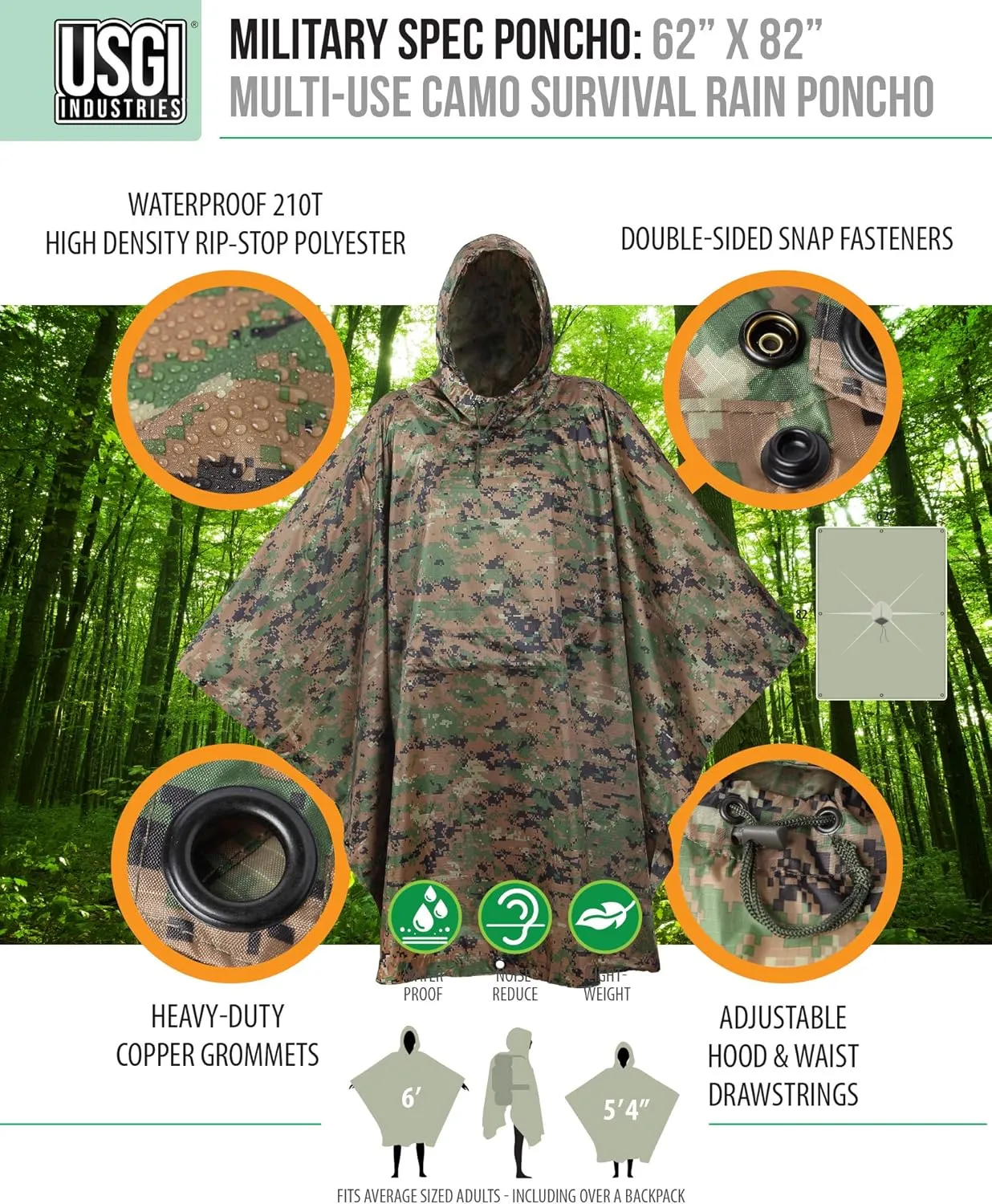 USGI Industries Military Style Poncho Multi Use Rip Stop Camouflage Rain Poncho