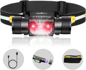 UTLKVOS Rechargeable Camping Headlamp with Red Light,Ultra Bright 1420 High Lumen Head Flashlight,IPx66 Waterproof,10 Lighting Modes, Lightweight Comfortable Headlamp for Hiking,Running,Hunting