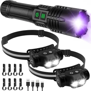 UV&High Lumens 2-in-1 Flashlight   2Pack Magnetic LED Headlamp High Lumens Rechargeable Super Bright for Camping Emergencies