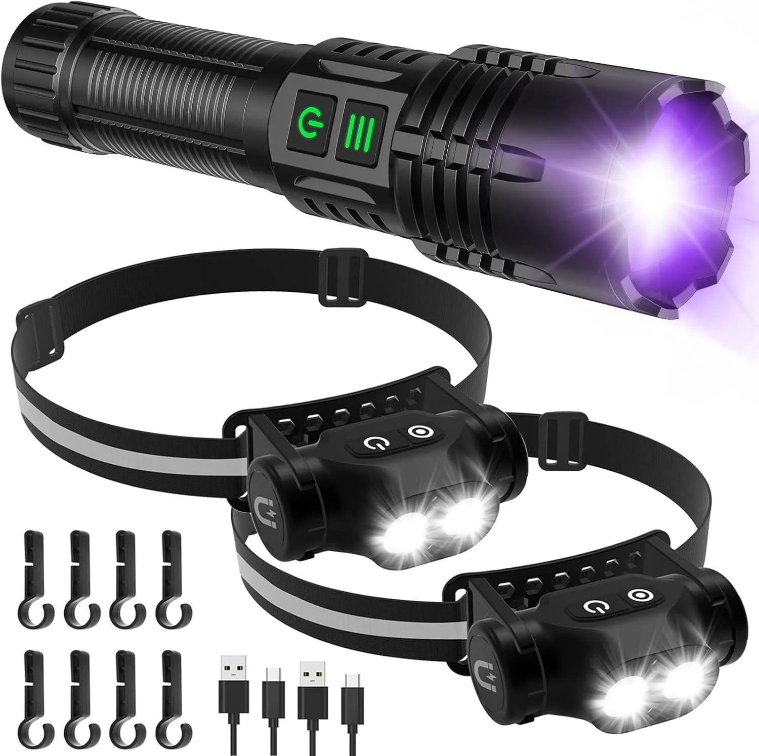 UV&High Lumens 2-in-1 Flashlight   2Pack Magnetic LED Headlamp High Lumens Rechargeable Super Bright for Camping Emergencies