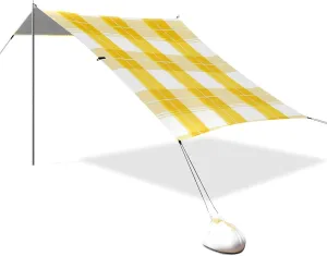 Valentine Plaids Checkered Yellow Designed UPF50  Protection Foldable Beach Canopy Lightweight Outdoor Sun Shade with Sandbags and Shovel for Family Trips, Picnics & Camping tapete para Playa