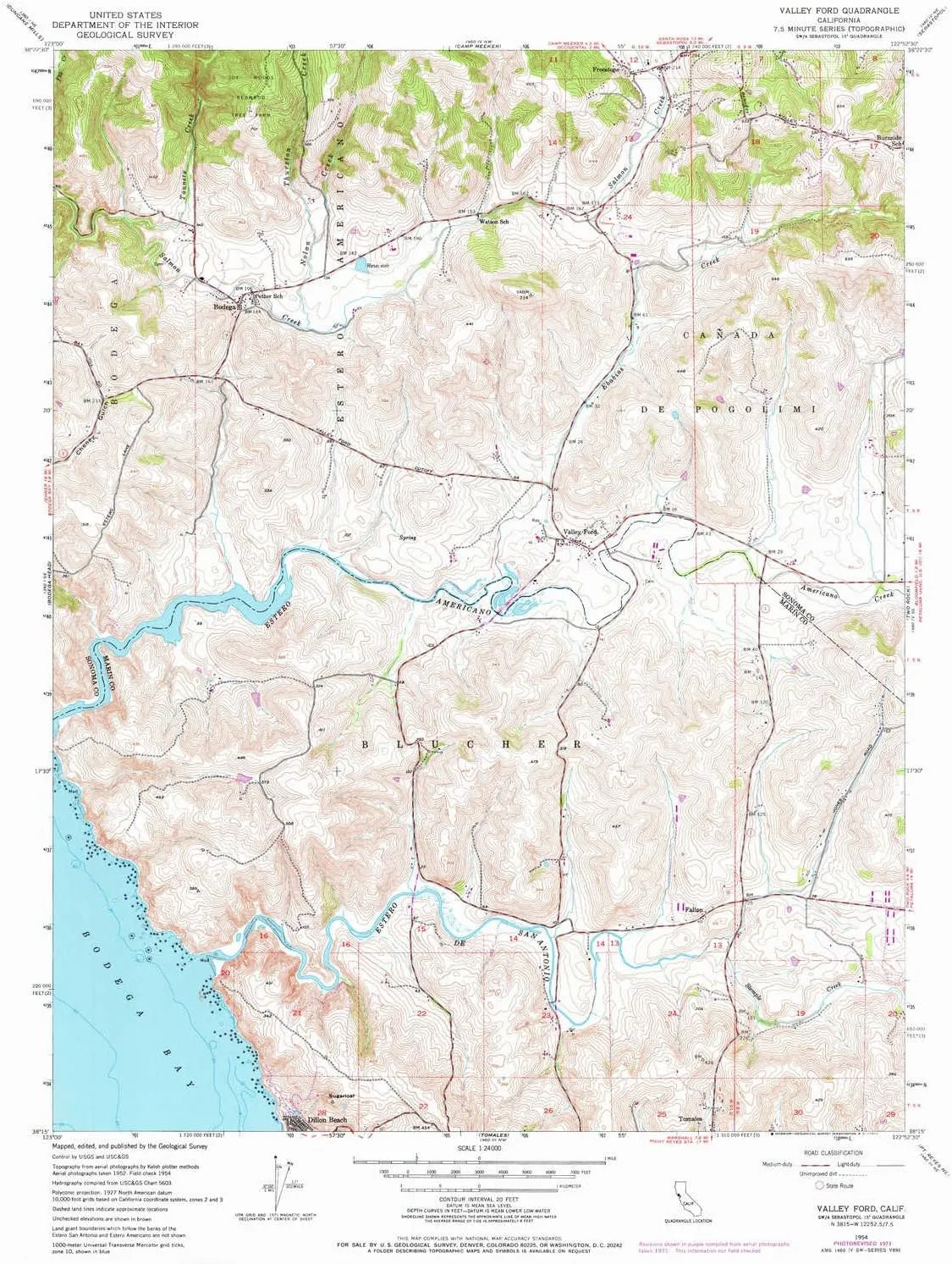 Valley Ford CA topo map, 1:24000 Scale, 7.5 X 7.5 Minute, Historical, 1954, Updated 1972, 26.7 x 21.5 in