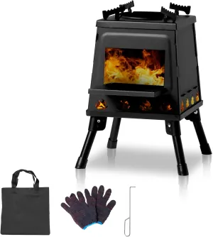 Vasitelan Wood Burning Camp Stove, Portable Cast Iron Camping Wood Stove, Black Woodstove with Carrying Case for Backpacking Outdoor Cooking (Large)