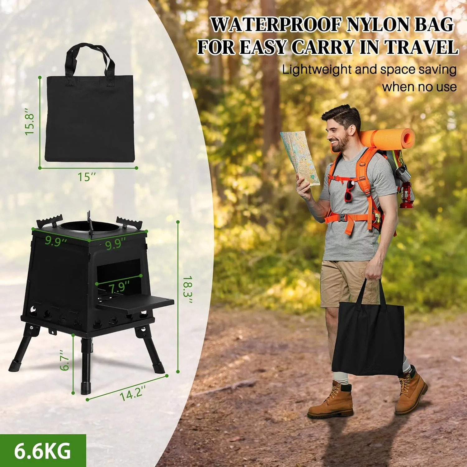 Vasitelan Wood Burning Camp Stove, Portable Cast Iron Camping Wood Stove, Black Woodstove with Carrying Case for Backpacking Outdoor Cooking (Large)