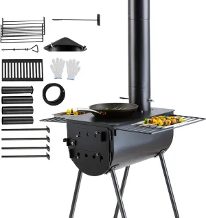 VEVOR 118" Camping Wood Stove, Portable Alloy Steel Tent Stove with 3000in³ Firebox, Outdoor Heating & Cooking Stove with Chimney Pipes & Gloves, Includes 8 Pipes for Efficient Heating