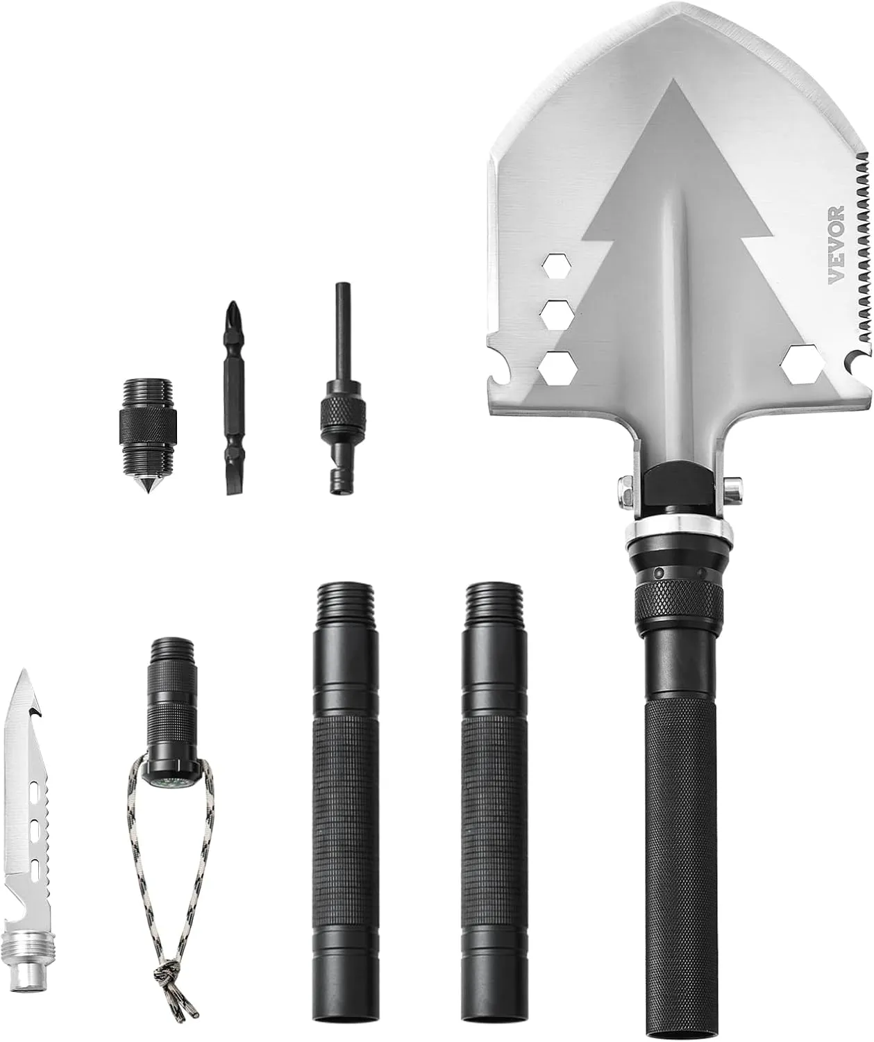 VEVOR Survival Shovel, 11 in 1 Camping Shovel Folding Multitool Kit, Portable and Compact, Stainless Steel, Multifunction for Off-Roading, Camping, Hiking, Outdoor, Survivalist and Emergency