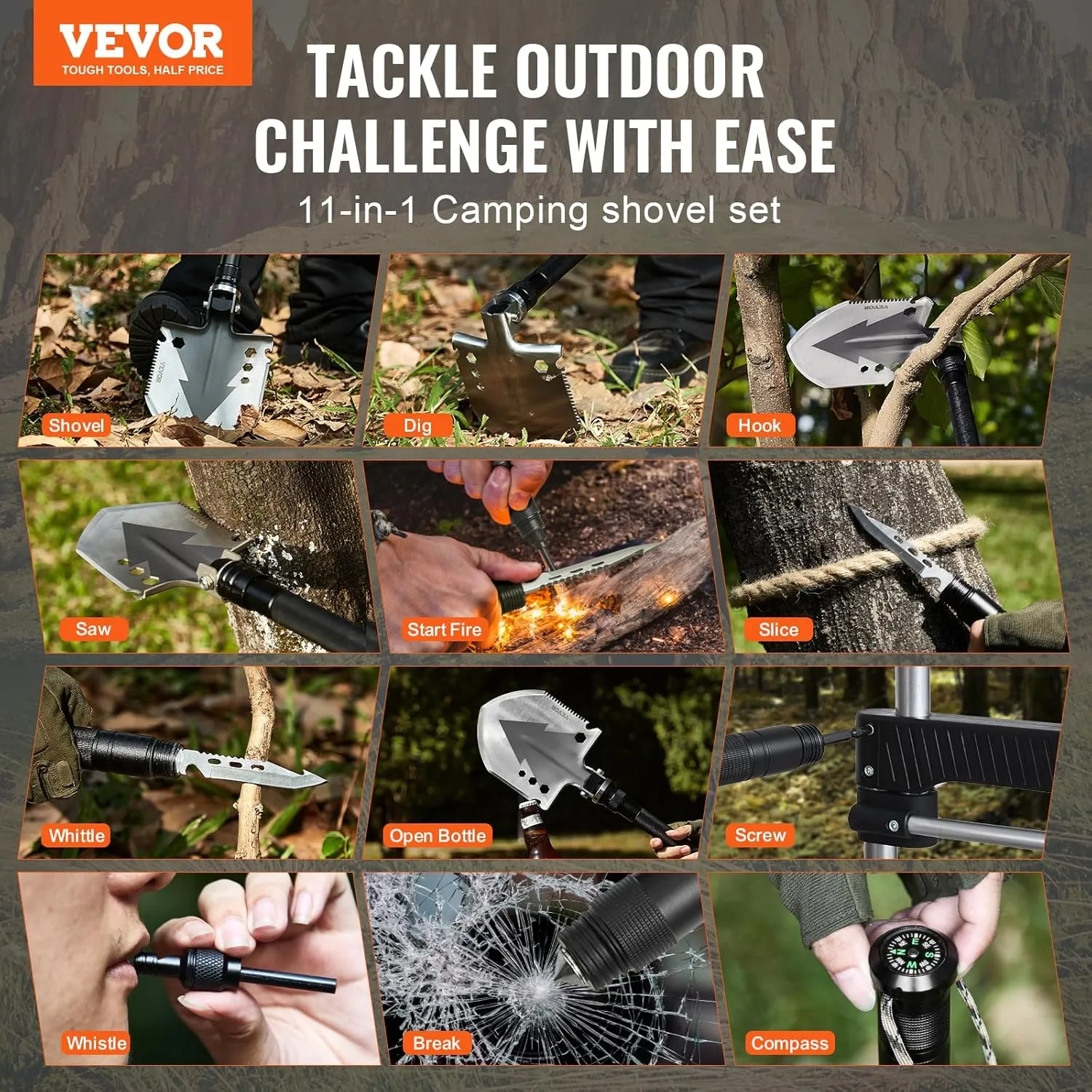 VEVOR Survival Shovel, 11 in 1 Camping Shovel Folding Multitool Kit, Portable and Compact, Stainless Steel, Multifunction for Off-Roading, Camping, Hiking, Outdoor, Survivalist and Emergency