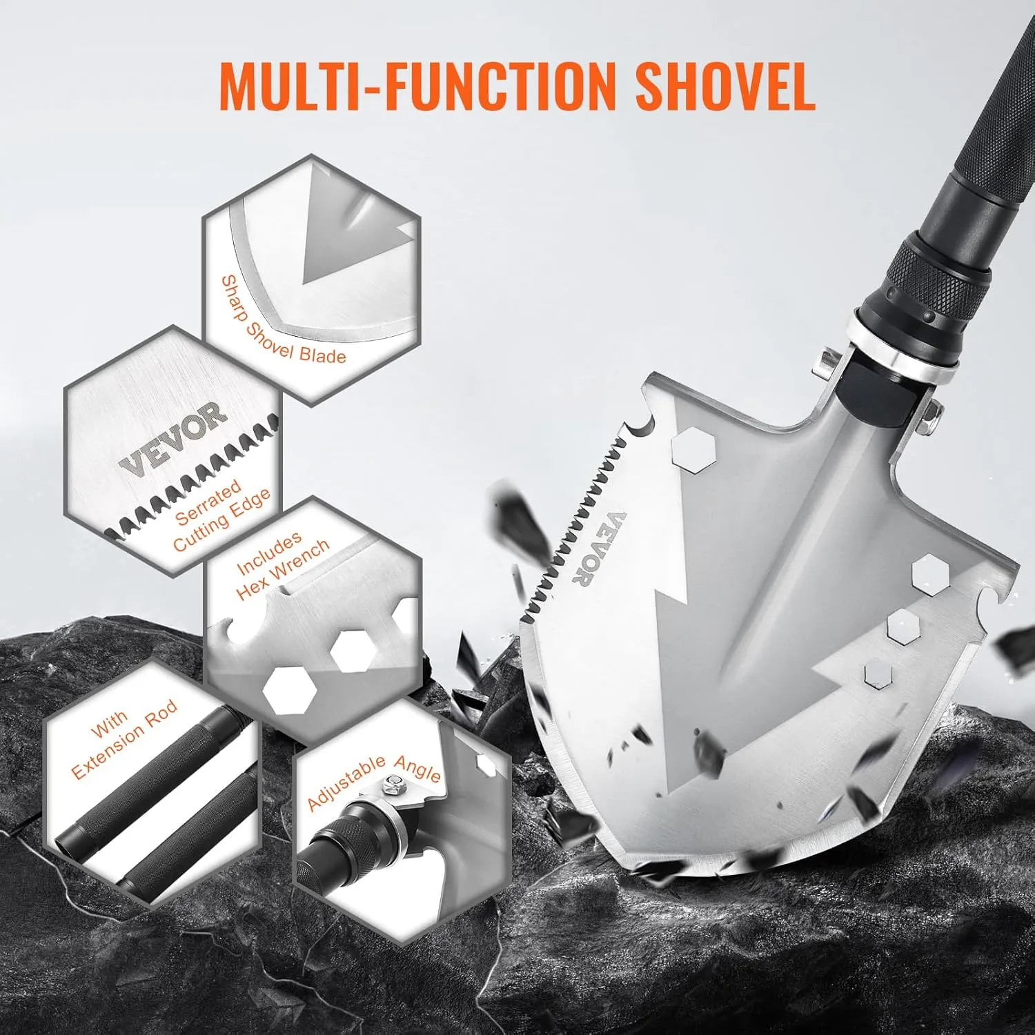 VEVOR Survival Shovel, 11 in 1 Camping Shovel Folding Multitool Kit, Portable and Compact, Stainless Steel, Multifunction for Off-Roading, Camping, Hiking, Outdoor, Survivalist and Emergency