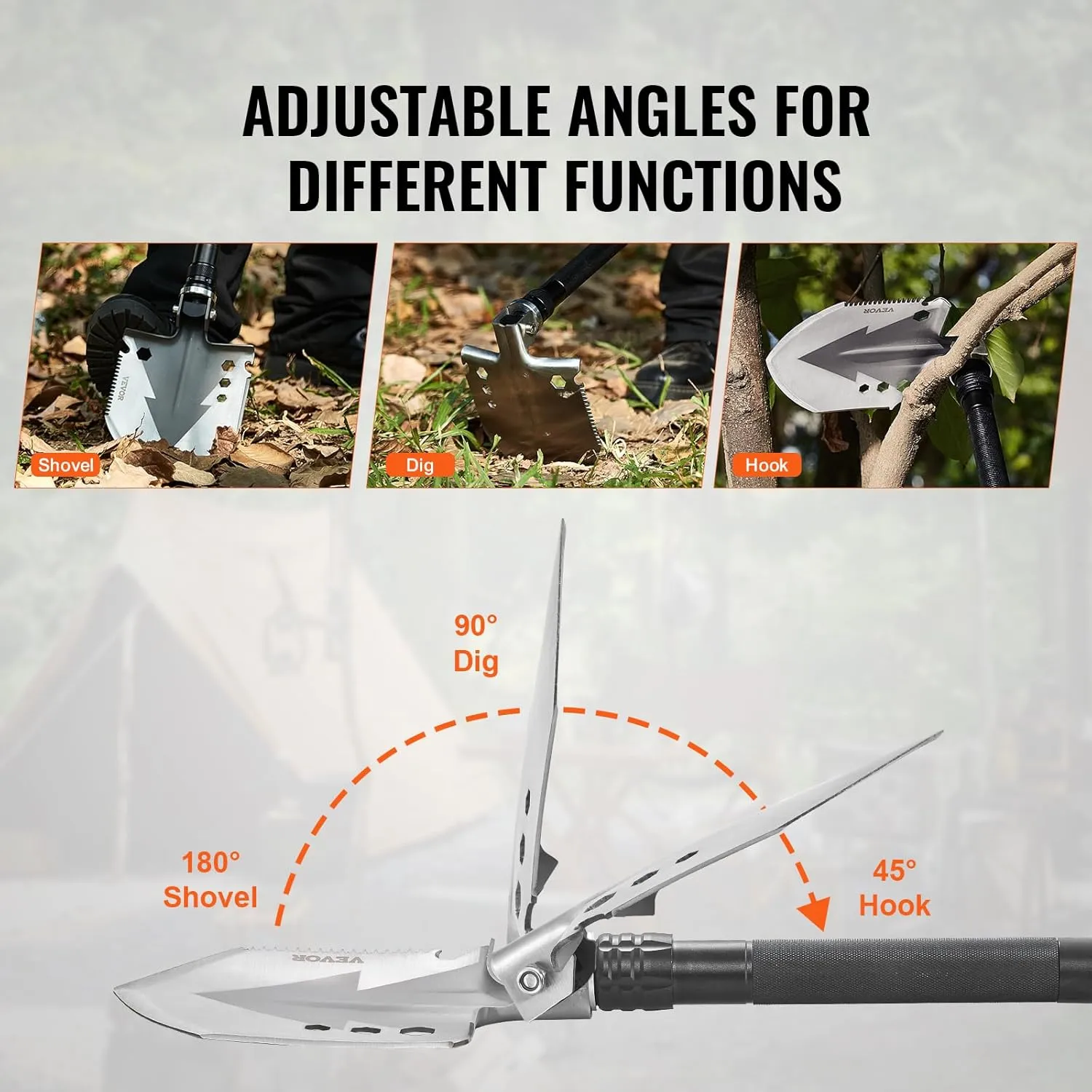 VEVOR Survival Shovel, 11 in 1 Camping Shovel Folding Multitool Kit, Portable and Compact, Stainless Steel, Multifunction for Off-Roading, Camping, Hiking, Outdoor, Survivalist and Emergency