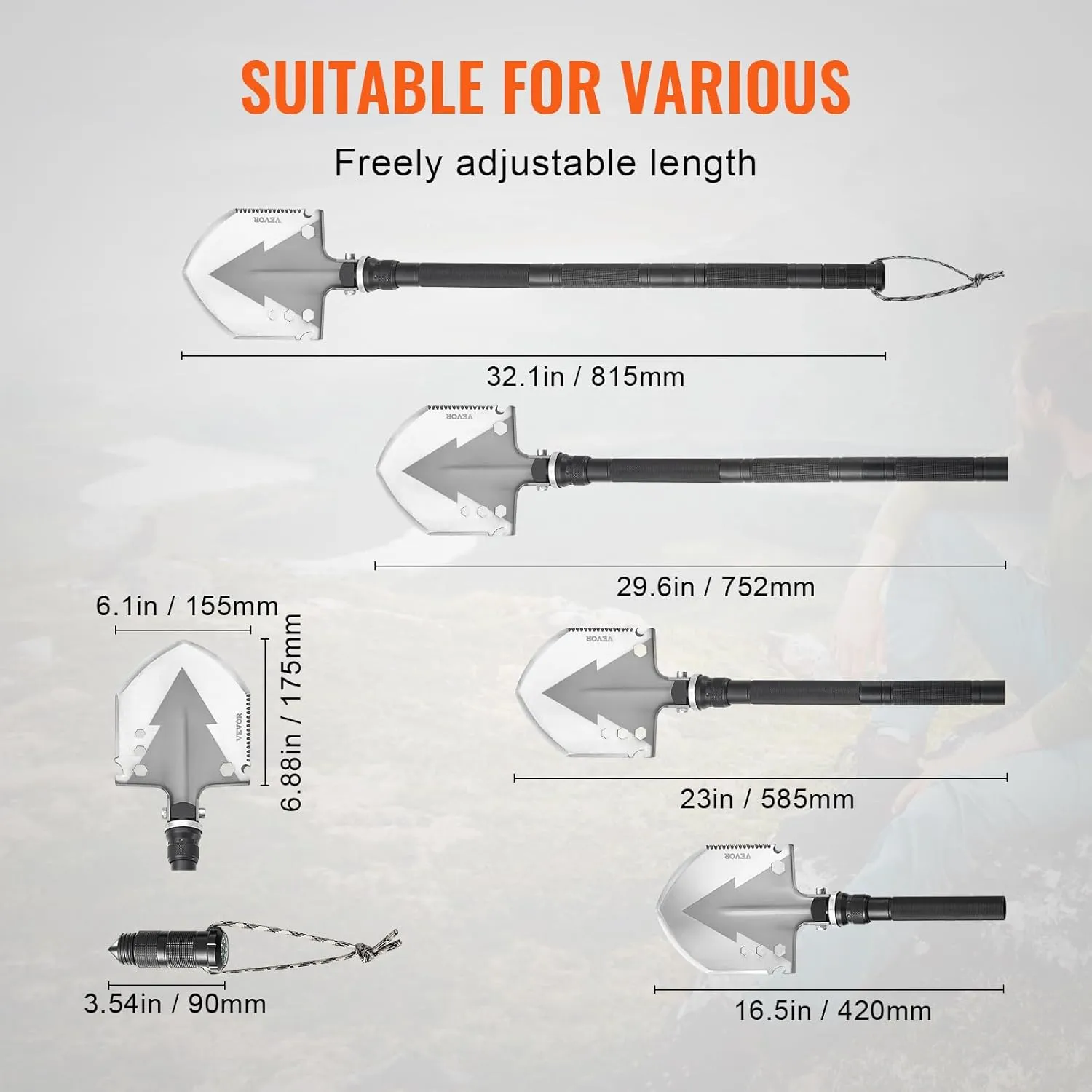 VEVOR Survival Shovel, 11 in 1 Camping Shovel Folding Multitool Kit, Portable and Compact, Stainless Steel, Multifunction for Off-Roading, Camping, Hiking, Outdoor, Survivalist and Emergency