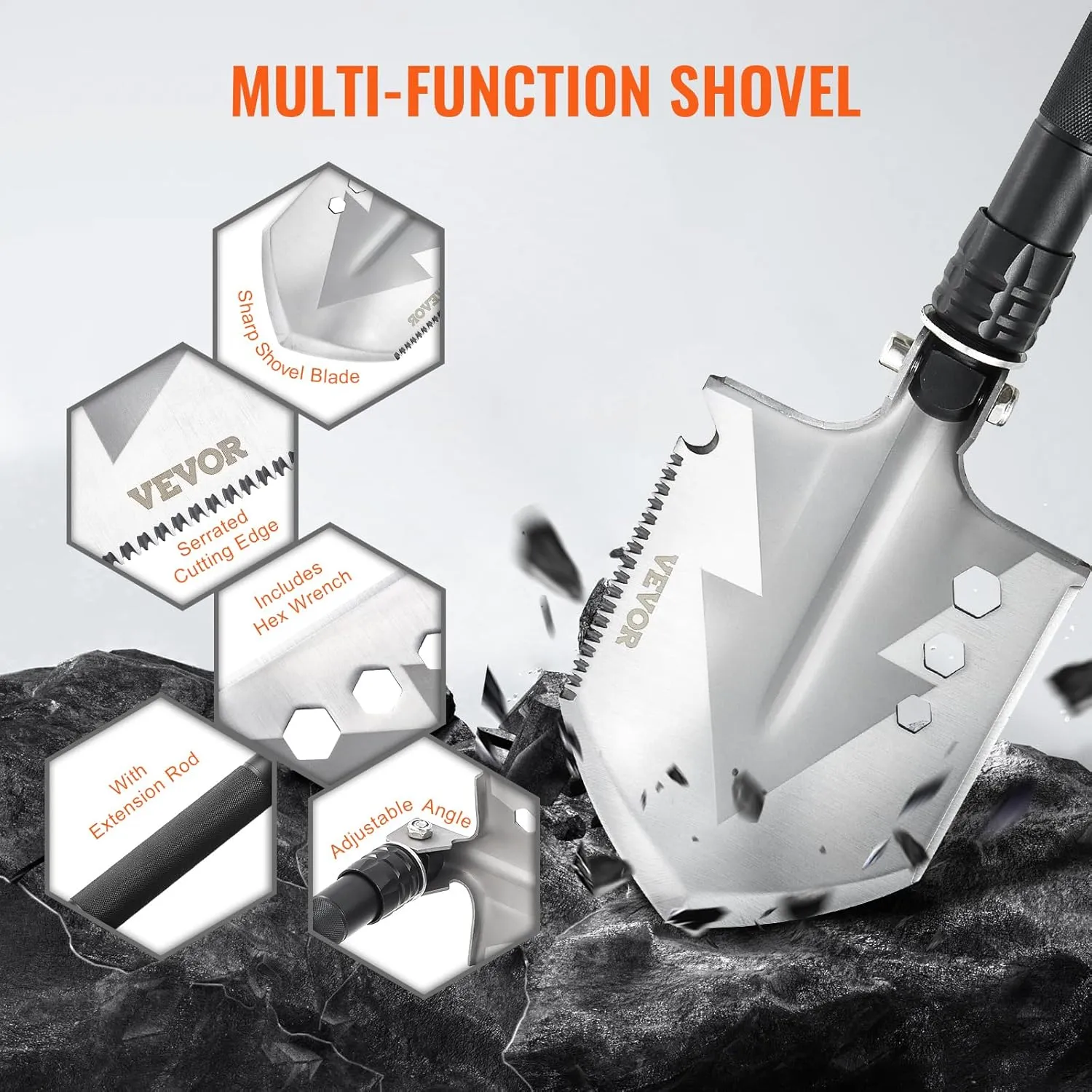 VEVOR Survival Shovel, 8 in 1 Camping Shovel Folding Multitool Kit, Portable and Compact, Stainless Steel, Multifunction for Off-Roading, Camping, Hiking, Outdoor, Survivalist and Emergency
